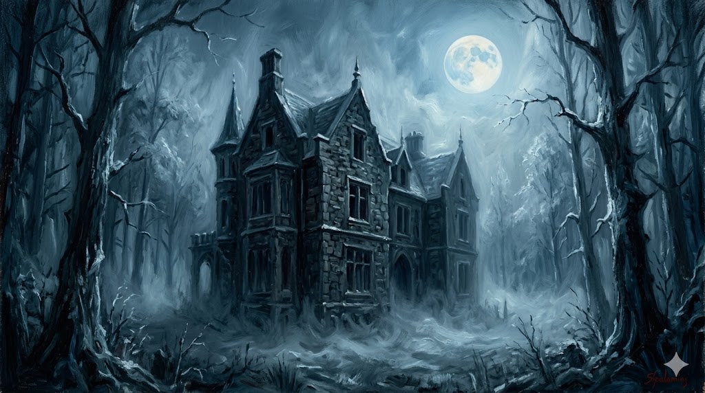 夜の雪原に佇む古い洋館