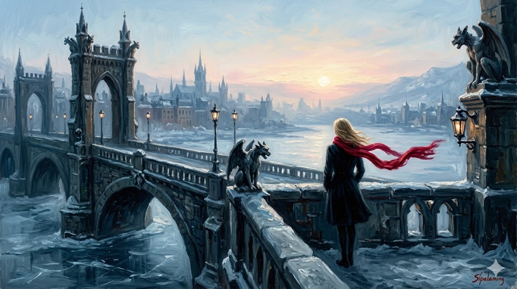 夜明けの街並みと赤いスカーフ