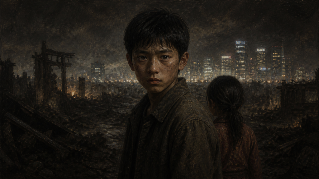 観客を見つめる少年と現代の街の対比