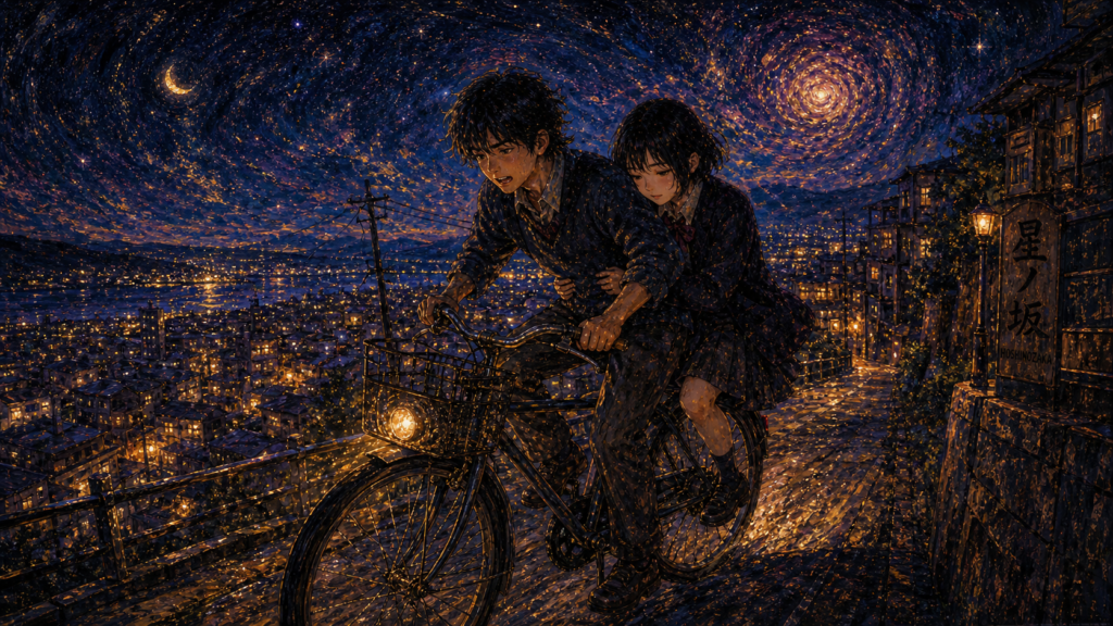 夜の街を自転車で走る二人