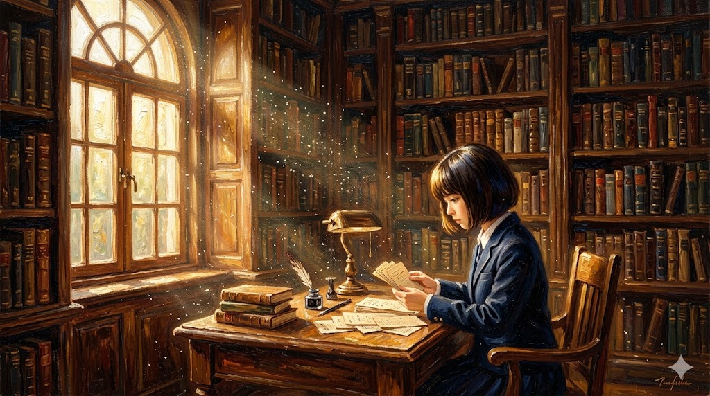 図書室でカードを眺める少女