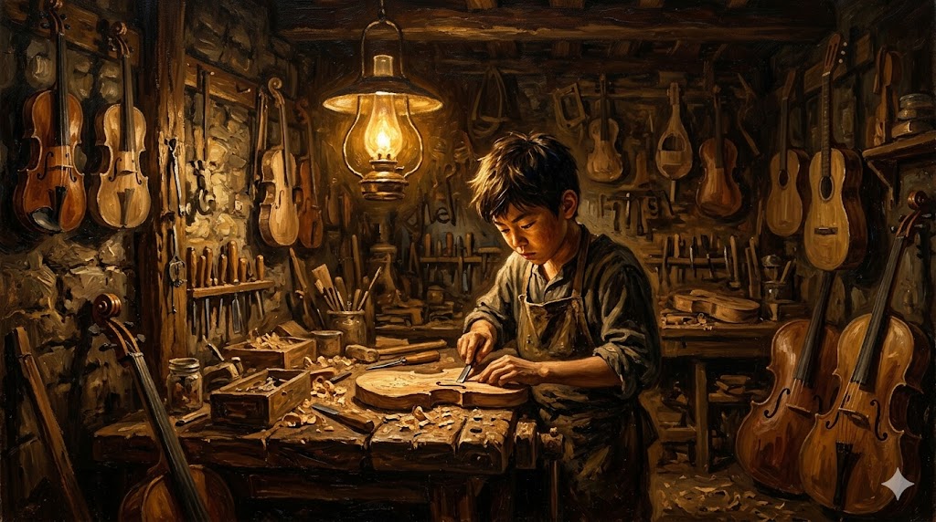 地下の工房で弦楽器を作る少年