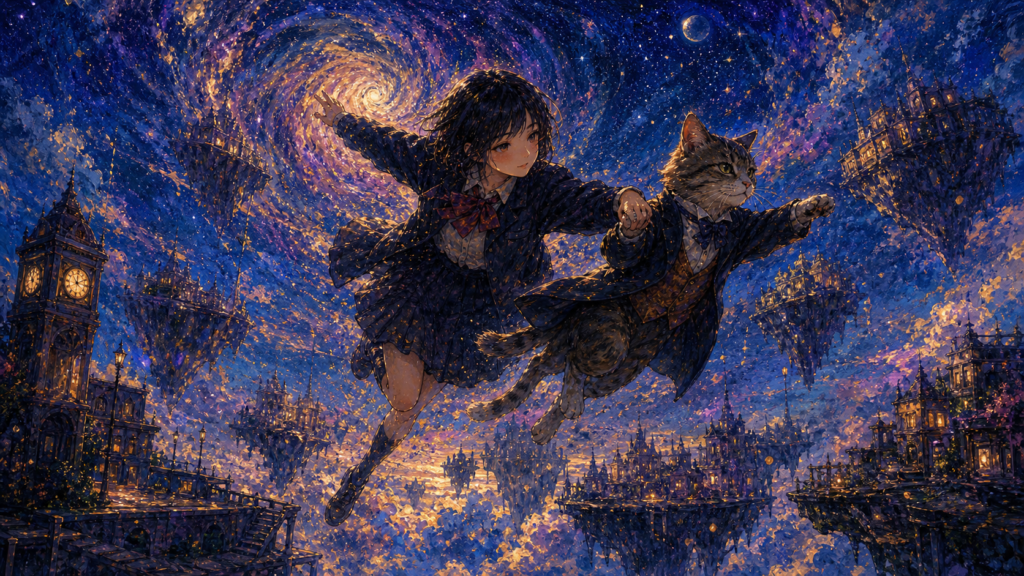 幻想的な空を飛ぶ猫の男爵と少女
